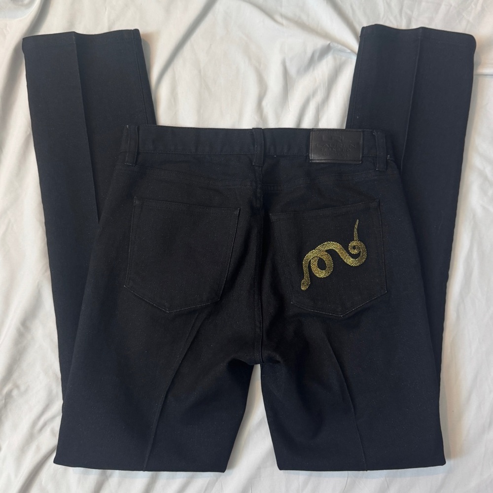 Ralph Lauren Black Shiny Jeans, Straight Leg, Size 6 28", Gold Snake Embroidery